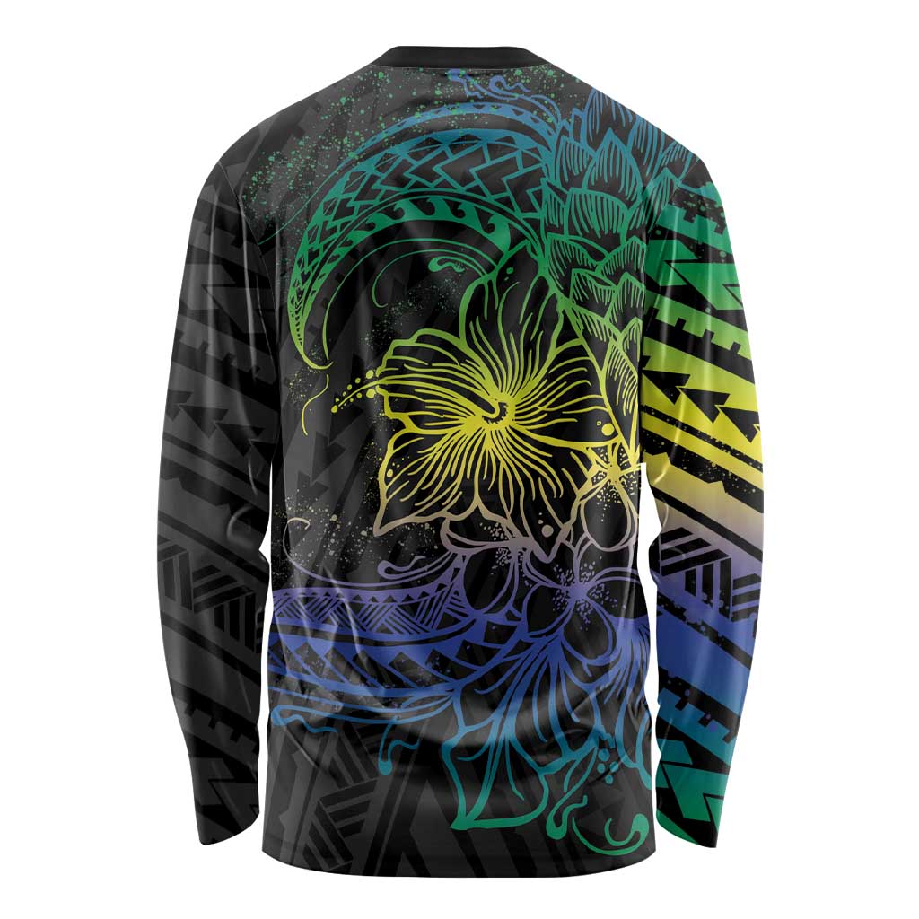 Floral Polynesian Hibiscus Tattoo Long Sleeve Shirt Green Gradient Style