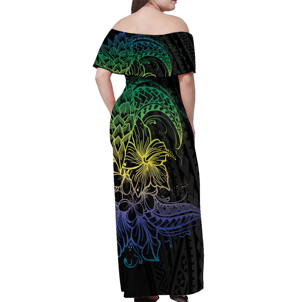Floral Polynesian Hibiscus Tattoo Off Shoulder Maxi Dress Green Gradient Style