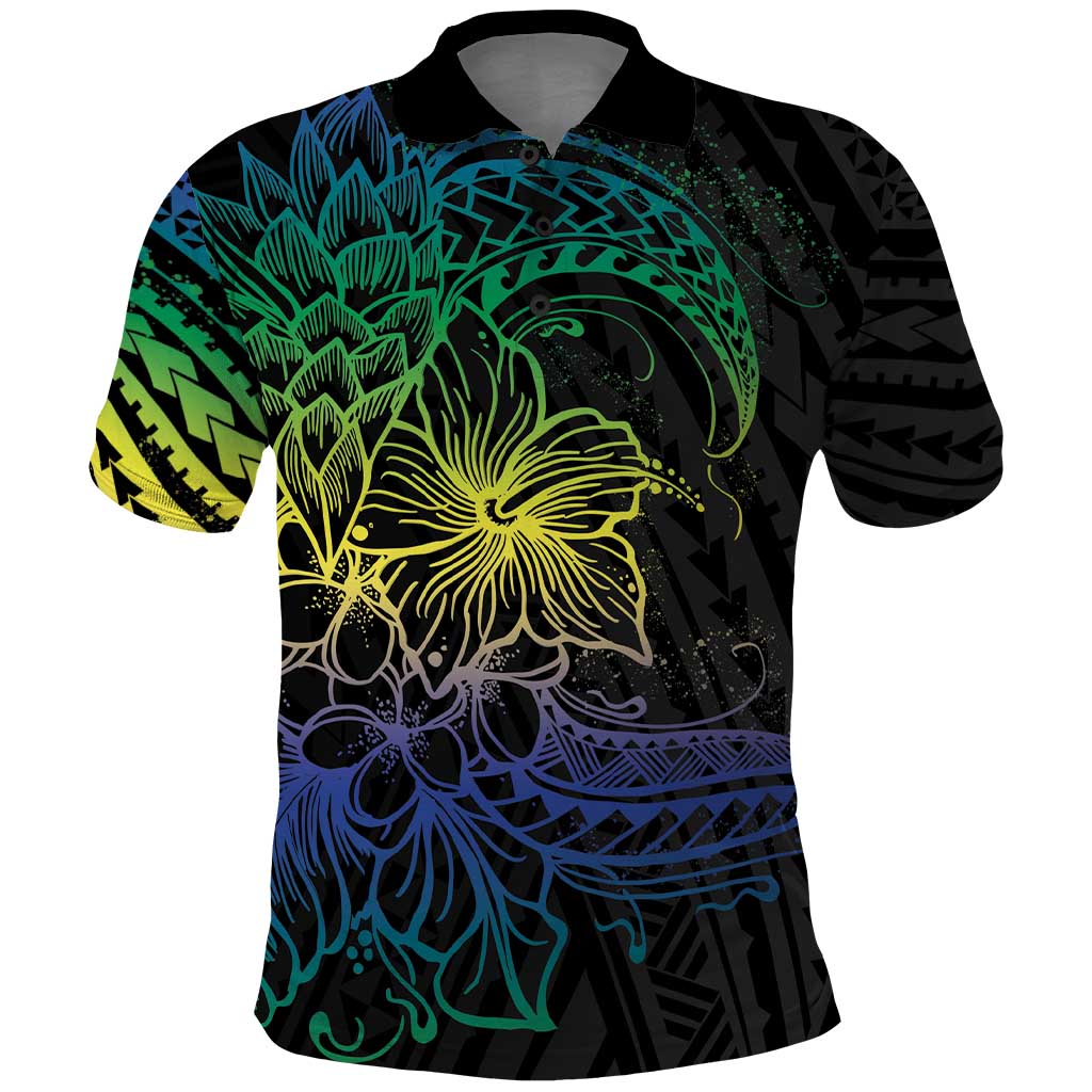 Floral Polynesian Hibiscus Tattoo Polo Shirt Green Gradient Style