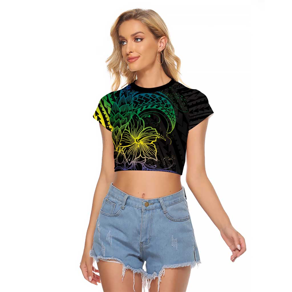 Floral Polynesian Hibiscus Tattoo Raglan Cropped T Shirt Green Gradient Style