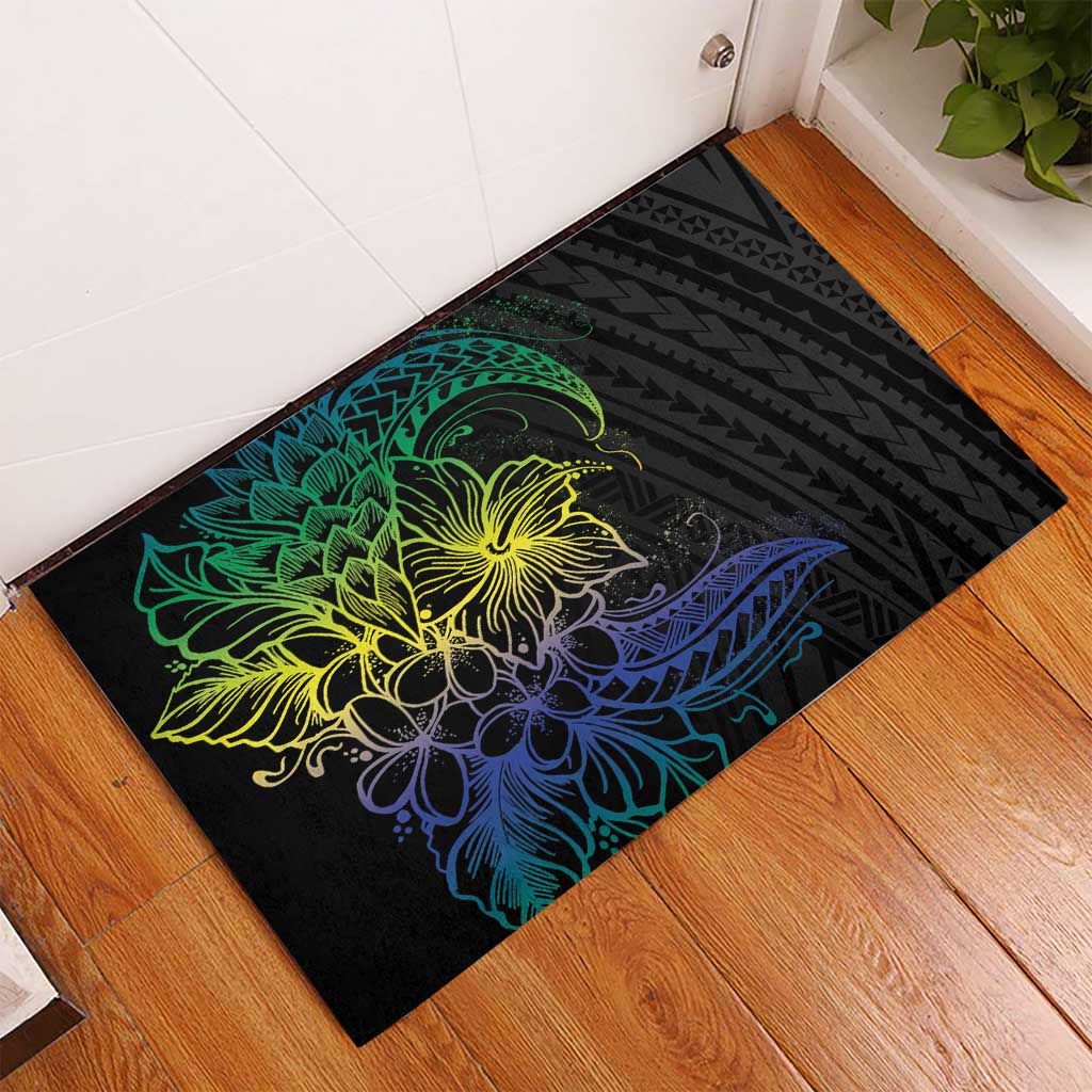 Floral Polynesian Hibiscus Tattoo Rubber Doormat Green Gradient Style