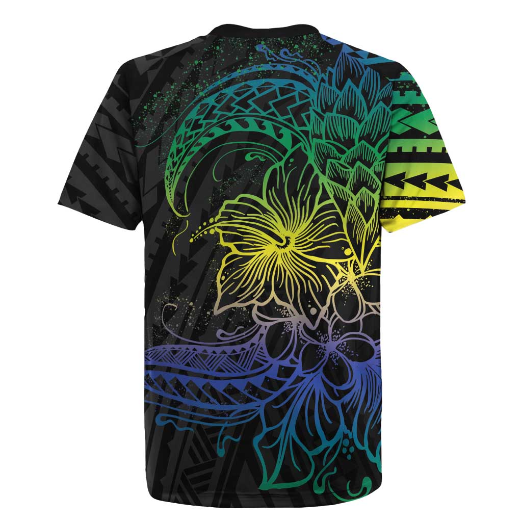 Floral Polynesian Hibiscus Tattoo Rugby Jersey Green Gradient Style