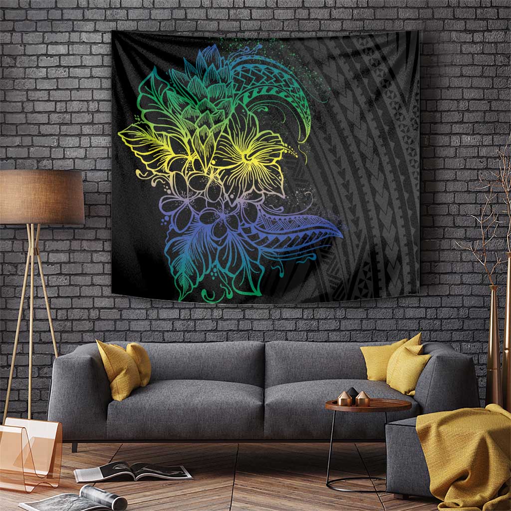 Floral Polynesian Hibiscus Tattoo Tapestry Green Gradient Style