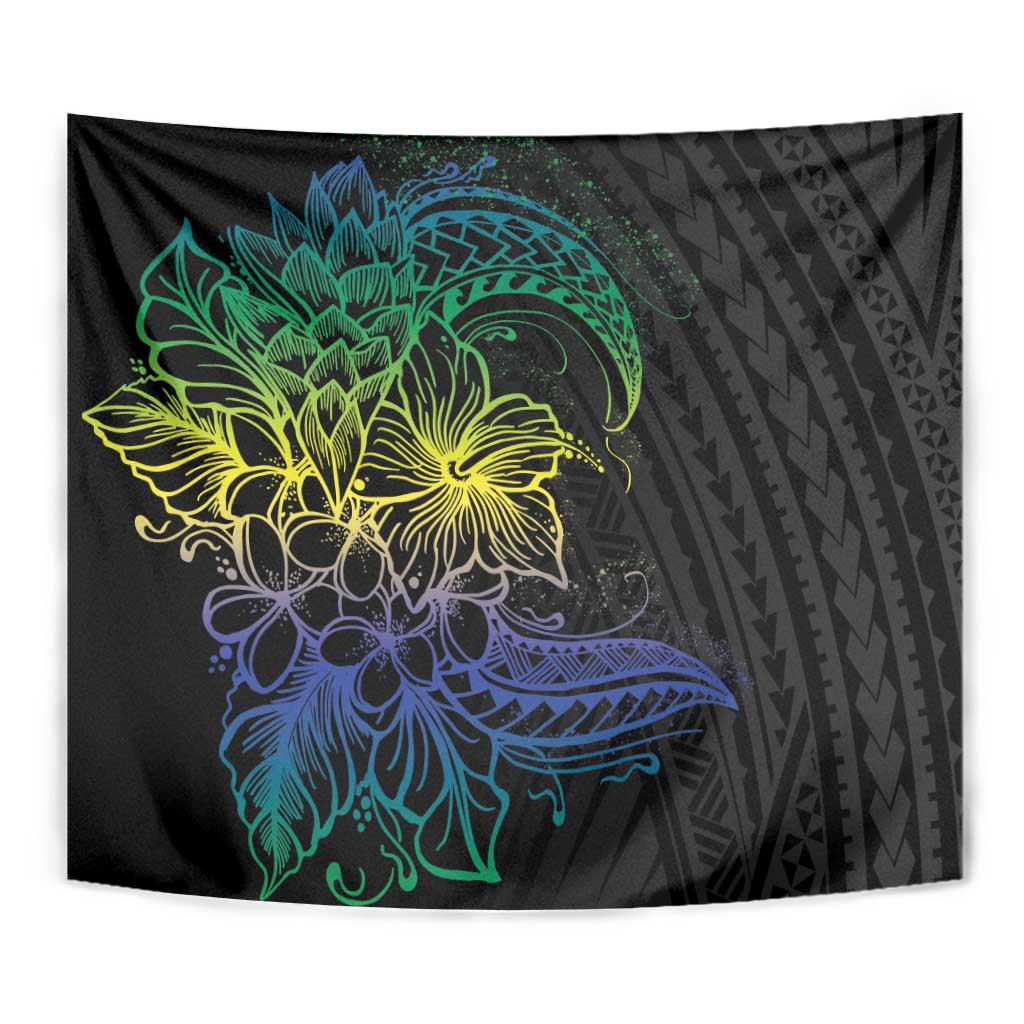 Floral Polynesian Hibiscus Tattoo Tapestry Green Gradient Style