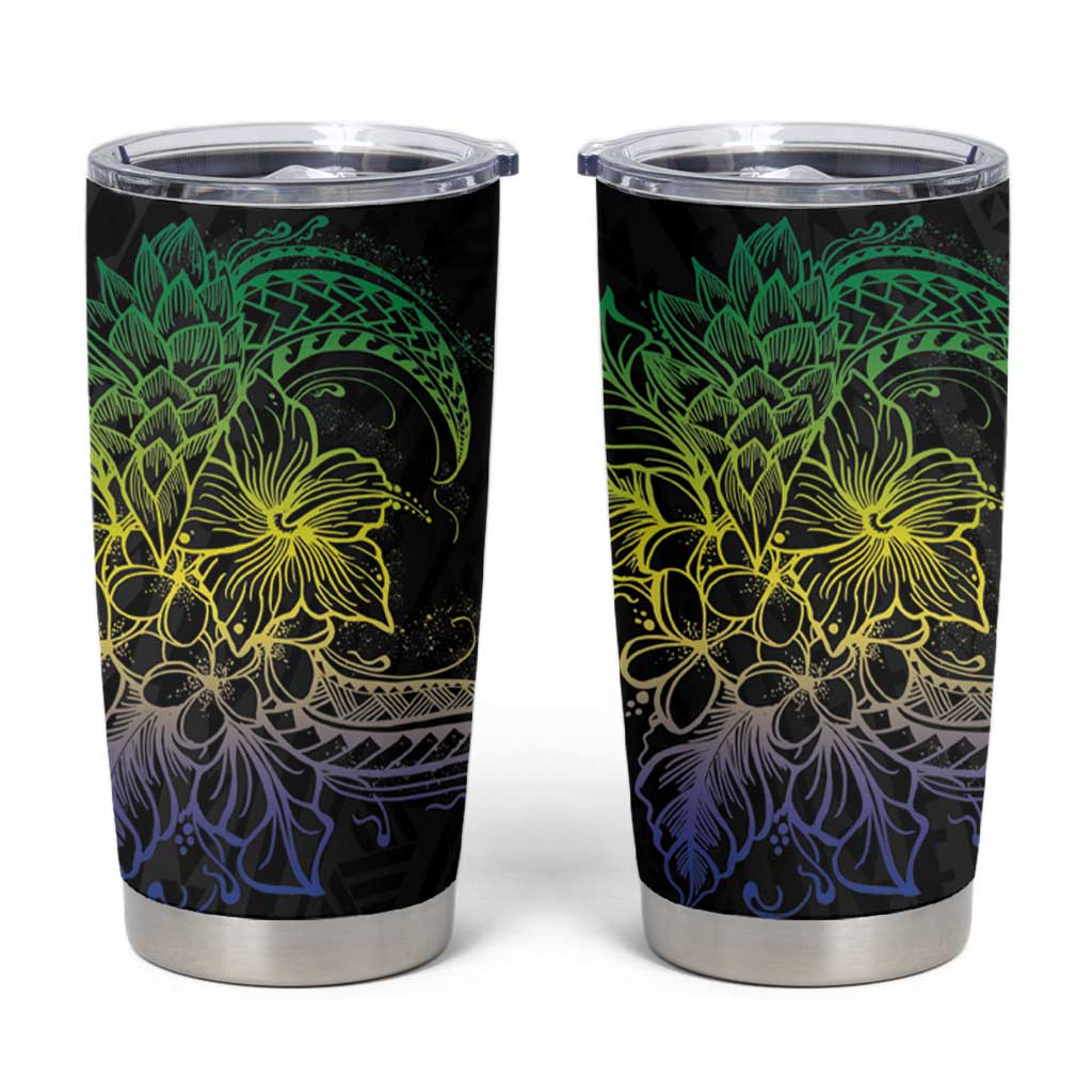 Floral Polynesian Hibiscus Tattoo Tumbler Cup Green Gradient Style