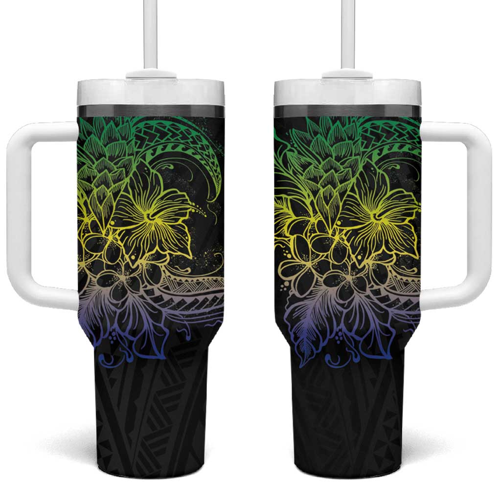 Floral Polynesian Hibiscus Tattoo Tumbler With Handle Green Gradient Style