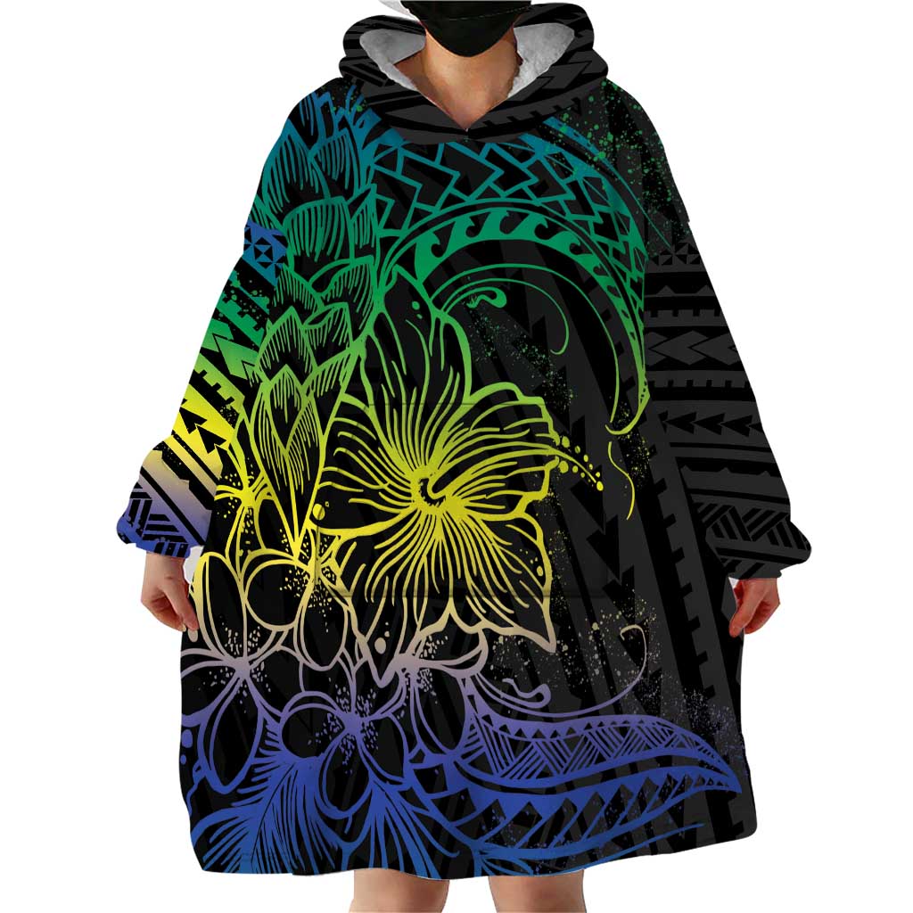 Floral Polynesian Hibiscus Tattoo Wearable Blanket Hoodie Green Gradient Style