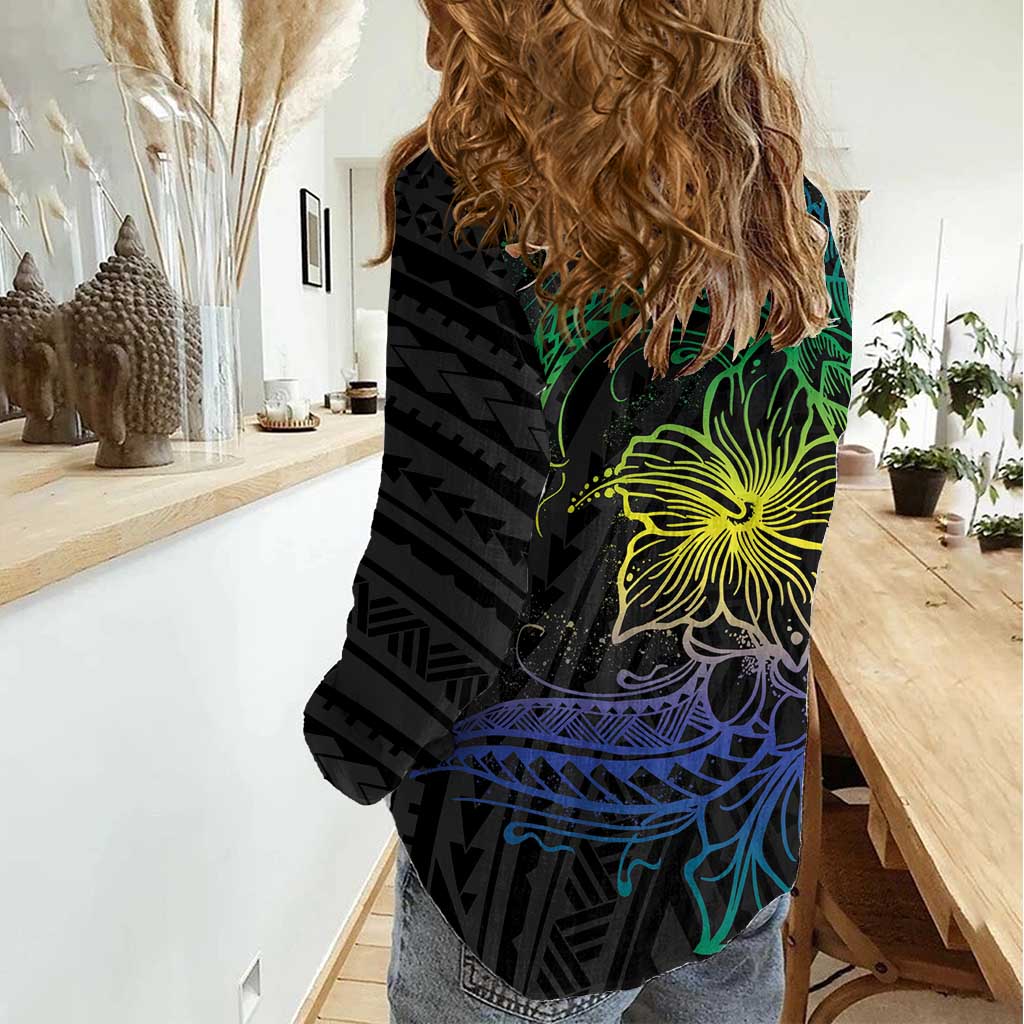 Floral Polynesian Hibiscus Tattoo Women Casual Shirt Green Gradient Style LT9 - Polynesian Pride