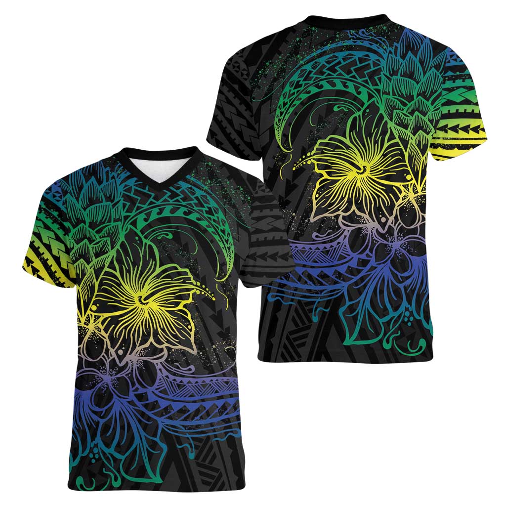 Floral Polynesian Hibiscus Tattoo Women V-Neck T-Shirt Green Gradient Style