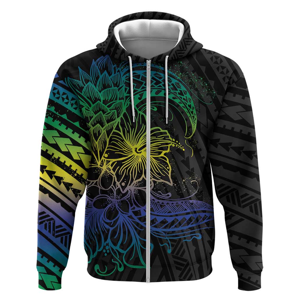 Floral Polynesian Hibiscus Tattoo Zip Hoodie Green Gradient Style LT9 Zip Hoodie Green - Polynesian Pride
