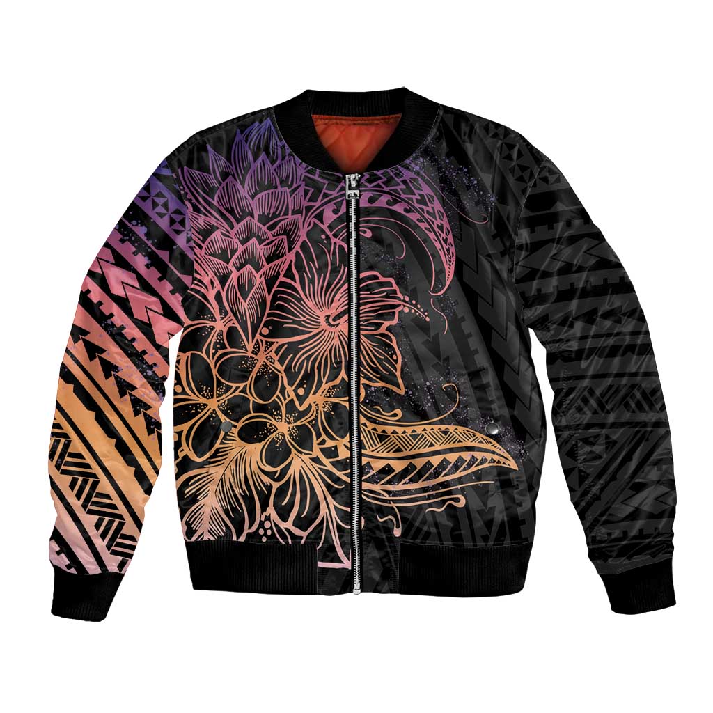 Floral Polynesian Hibiscus Tattoo Bomber Jacket Peach Gradient Style