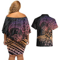 Floral Polynesian Hibiscus Tattoo Couples Matching Off Shoulder Short Dress and Hawaiian Shirt Peach Gradient Style LT9 - Polynesian Pride