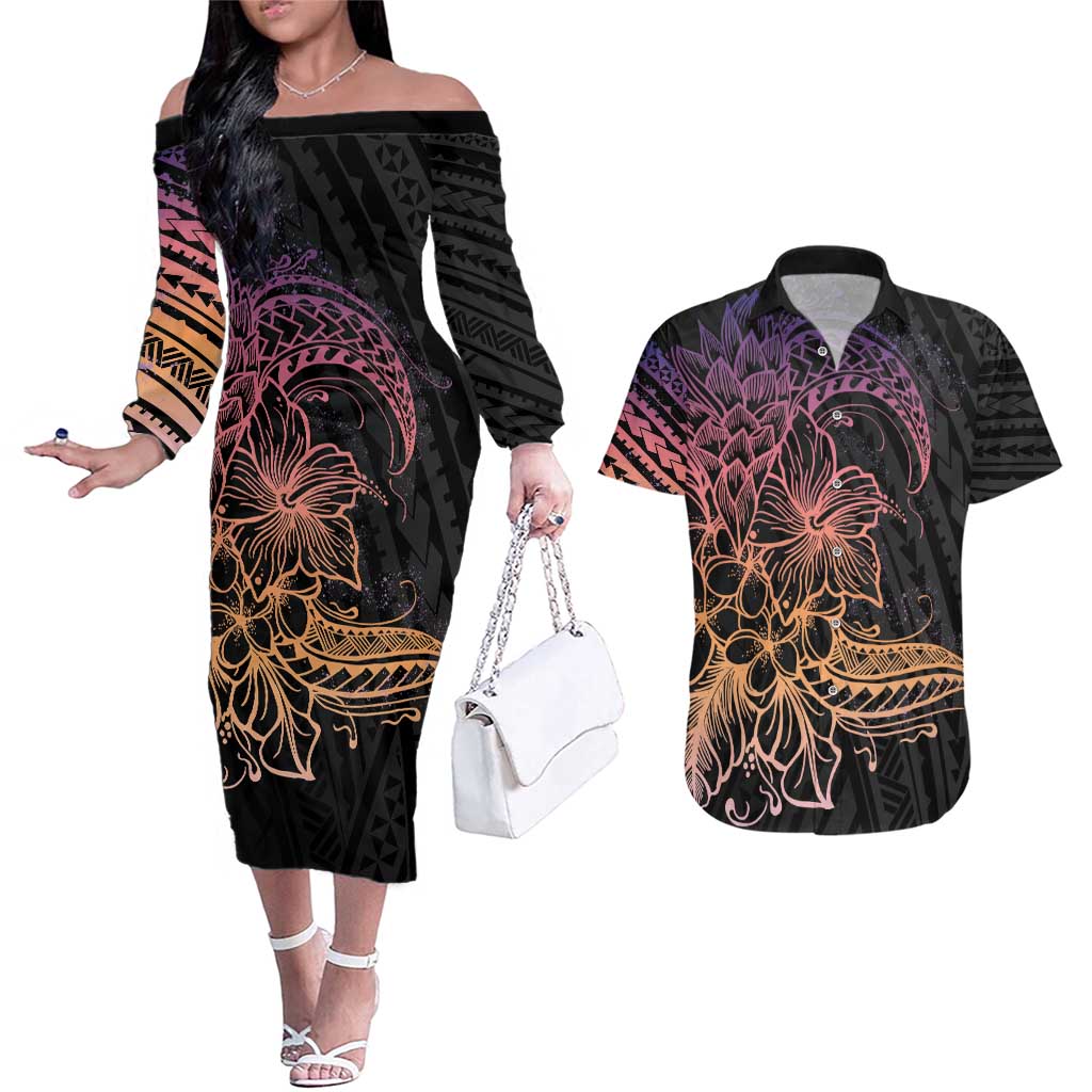 Floral Polynesian Hibiscus Tattoo Couples Matching Off The Shoulder Long Sleeve Dress and Hawaiian Shirt Peach Gradient Style