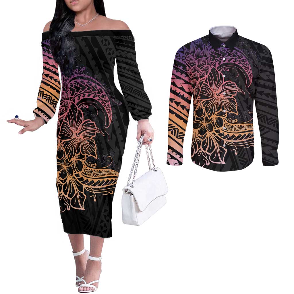 Floral Polynesian Hibiscus Tattoo Couples Matching Off The Shoulder Long Sleeve Dress and Long Sleeve Button Shirt Peach Gradient Style