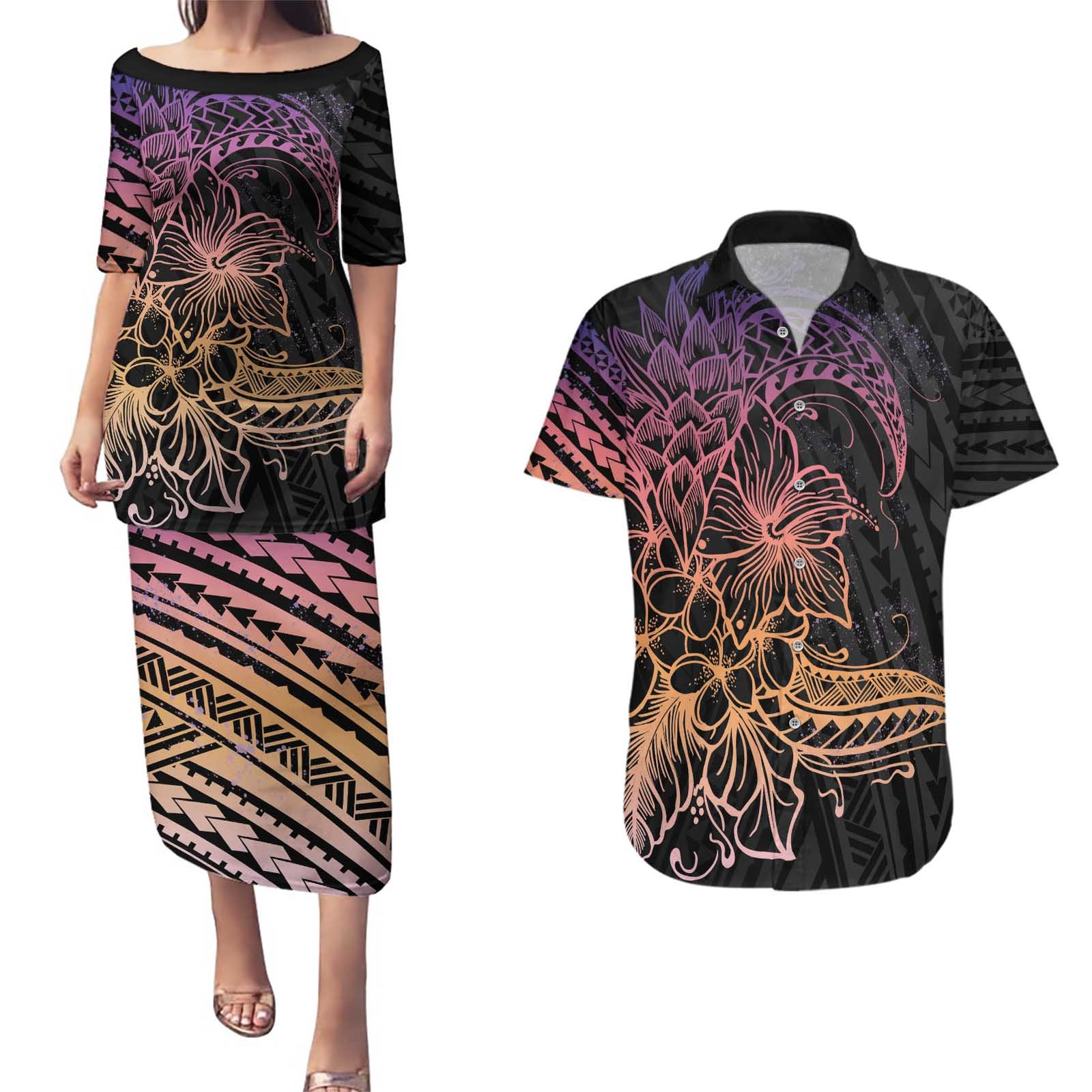 Floral Polynesian Hibiscus Tattoo Couples Matching Puletasi and Hawaiian Shirt Peach Gradient Style