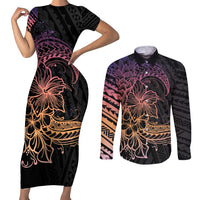 Floral Polynesian Hibiscus Tattoo Couples Matching Short Sleeve Bodycon Dress and Long Sleeve Button Shirt Peach Gradient Style LT9 Peach - Polynesian Pride