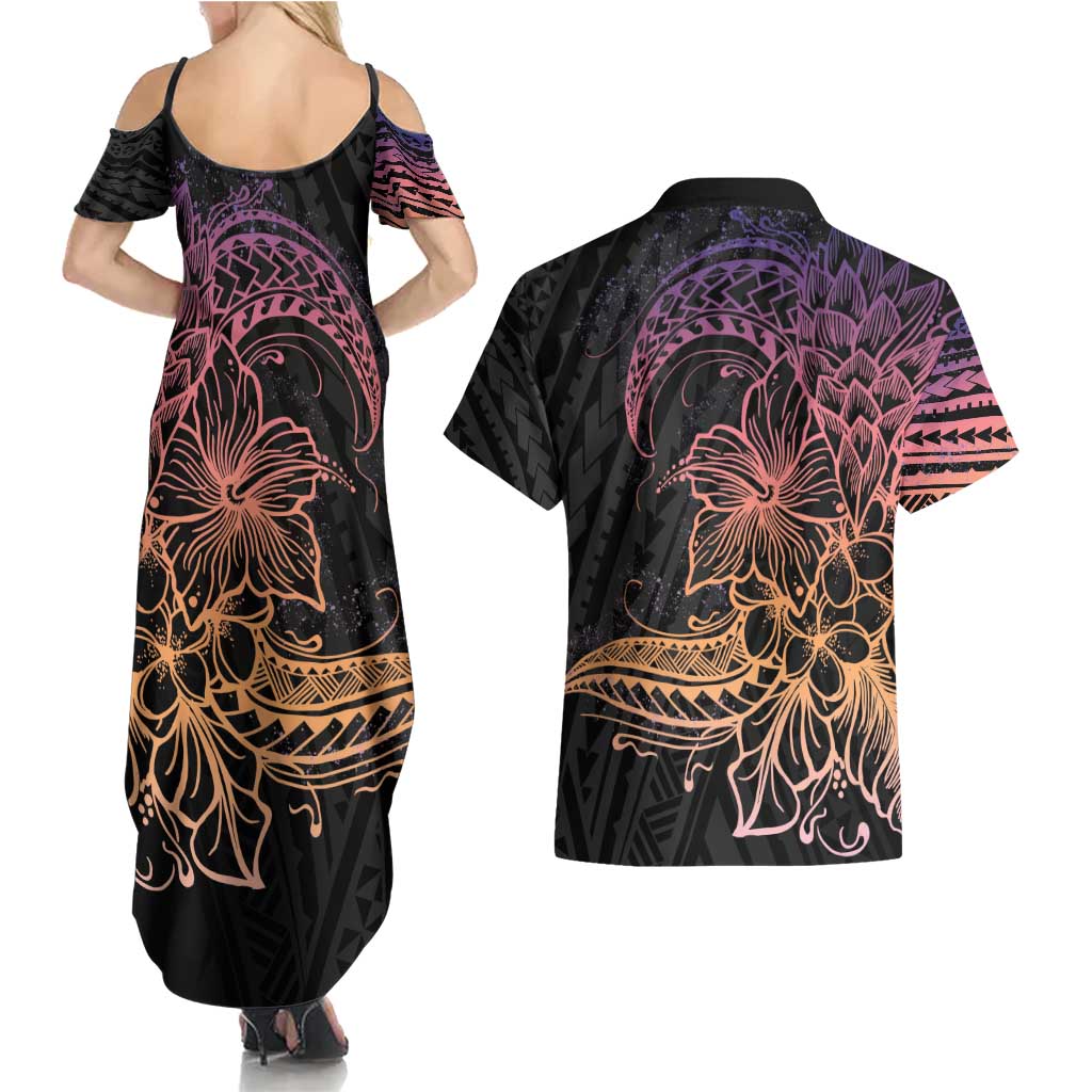 Floral Polynesian Hibiscus Tattoo Couples Matching Summer Maxi Dress and Hawaiian Shirt Peach Gradient Style
