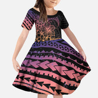 Floral Polynesian Hibiscus Tattoo Family Matching Long Sleeve Bodycon Dress and Hawaiian Shirt Peach Gradient Style LT9 Daughter's Dress Peach - Polynesian Pride