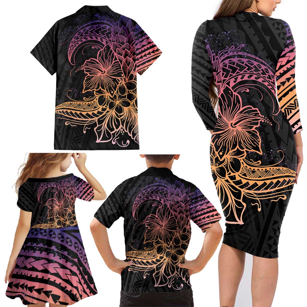Floral Polynesian Hibiscus Tattoo Family Matching Long Sleeve Bodycon Dress and Hawaiian Shirt Peach Gradient Style LT9 - Polynesian Pride