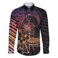 Floral Polynesian Hibiscus Tattoo Family Matching Long Sleeve Bodycon Dress and Hawaiian Shirt Peach Gradient Style LT9 Dad's Shirt - Long Sleeve Peach - Polynesian Pride