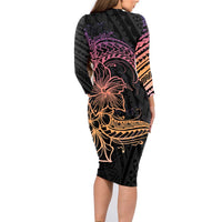 Floral Polynesian Hibiscus Tattoo Family Matching Long Sleeve Bodycon Dress and Hawaiian Shirt Peach Gradient Style LT9 - Polynesian Pride