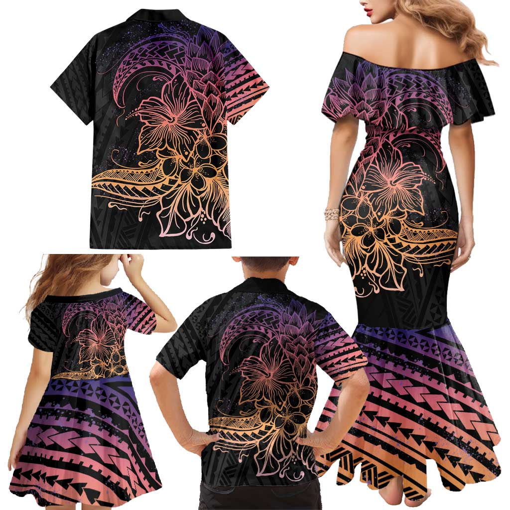 Floral Polynesian Hibiscus Tattoo Family Matching Mermaid Dress and Hawaiian Shirt Peach Gradient Style LT9 - Polynesian Pride