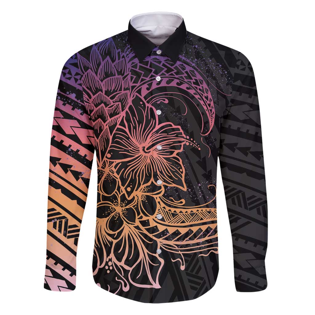 Floral Polynesian Hibiscus Tattoo Family Matching Mermaid Dress and Hawaiian Shirt Peach Gradient Style LT9 Dad's Shirt - Long Sleeve Peach - Polynesian Pride