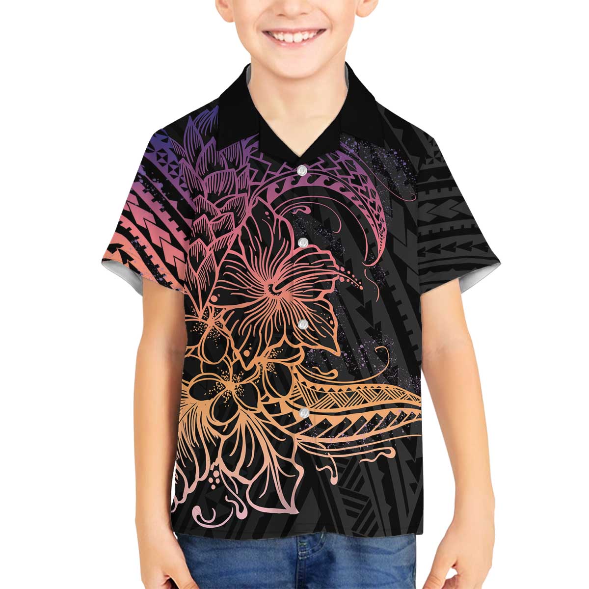 Floral Polynesian Hibiscus Tattoo Family Matching Off Shoulder Short Dress and Hawaiian Shirt Peach Gradient Style