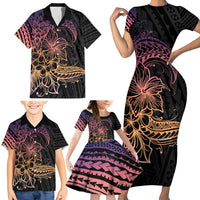 Floral Polynesian Hibiscus Tattoo Family Matching Short Sleeve Bodycon Dress and Hawaiian Shirt Peach Gradient Style LT9 - Polynesian Pride