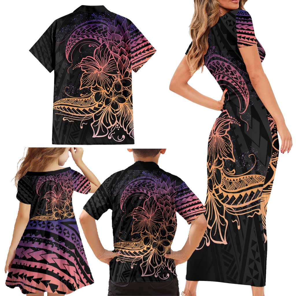 Floral Polynesian Hibiscus Tattoo Family Matching Short Sleeve Bodycon Dress and Hawaiian Shirt Peach Gradient Style LT9 - Polynesian Pride