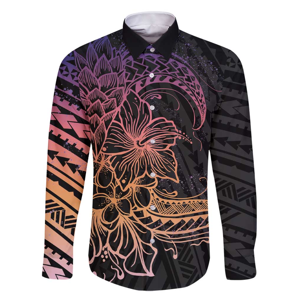 Floral Polynesian Hibiscus Tattoo Family Matching Short Sleeve Bodycon Dress and Hawaiian Shirt Peach Gradient Style LT9 Dad's Shirt - Long Sleeve Peach - Polynesian Pride