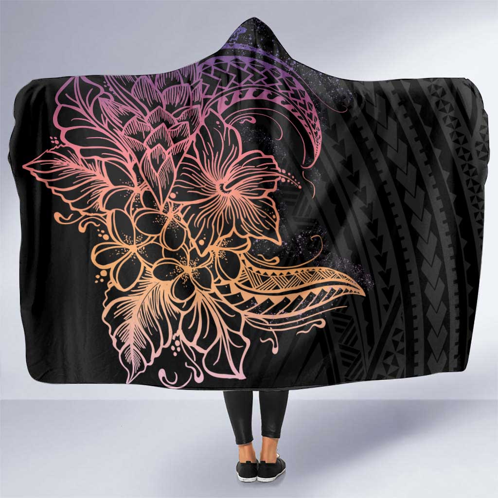 Floral Polynesian Hibiscus Tattoo Hooded Blanket Peach Gradient Style