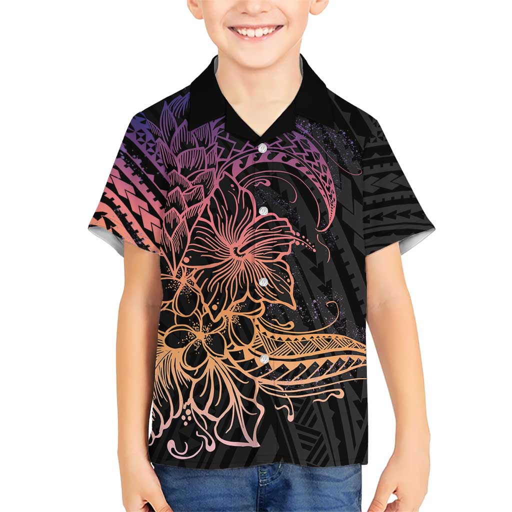 Floral Polynesian Hibiscus Tattoo Kid Hawaiian Shirt Peach Gradient Style