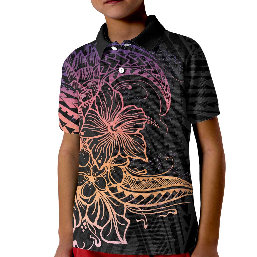 Floral Polynesian Hibiscus Tattoo Kid Polo Shirt Peach Gradient Style