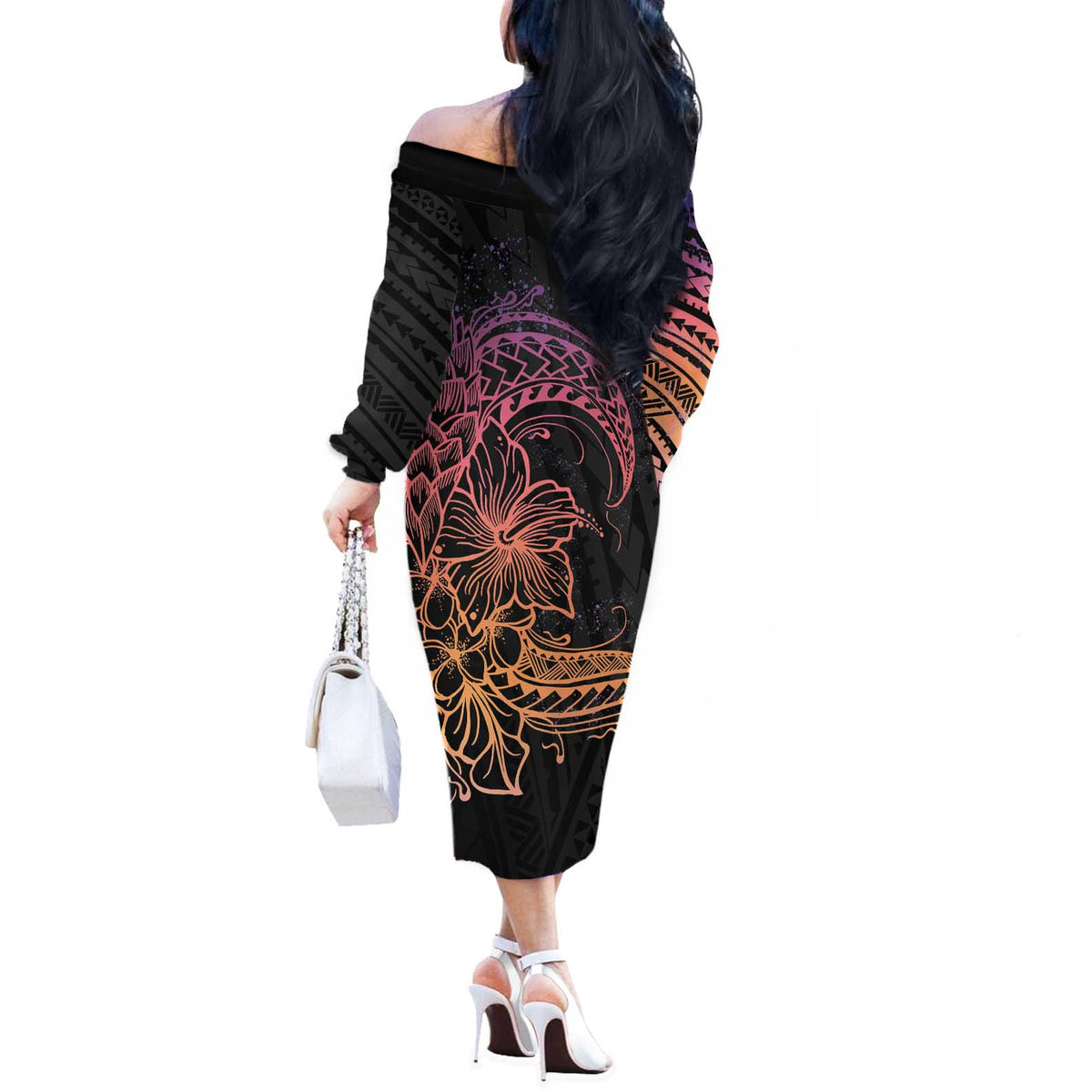 Floral Polynesian Hibiscus Tattoo Off The Shoulder Long Sleeve Dress Peach Gradient Style