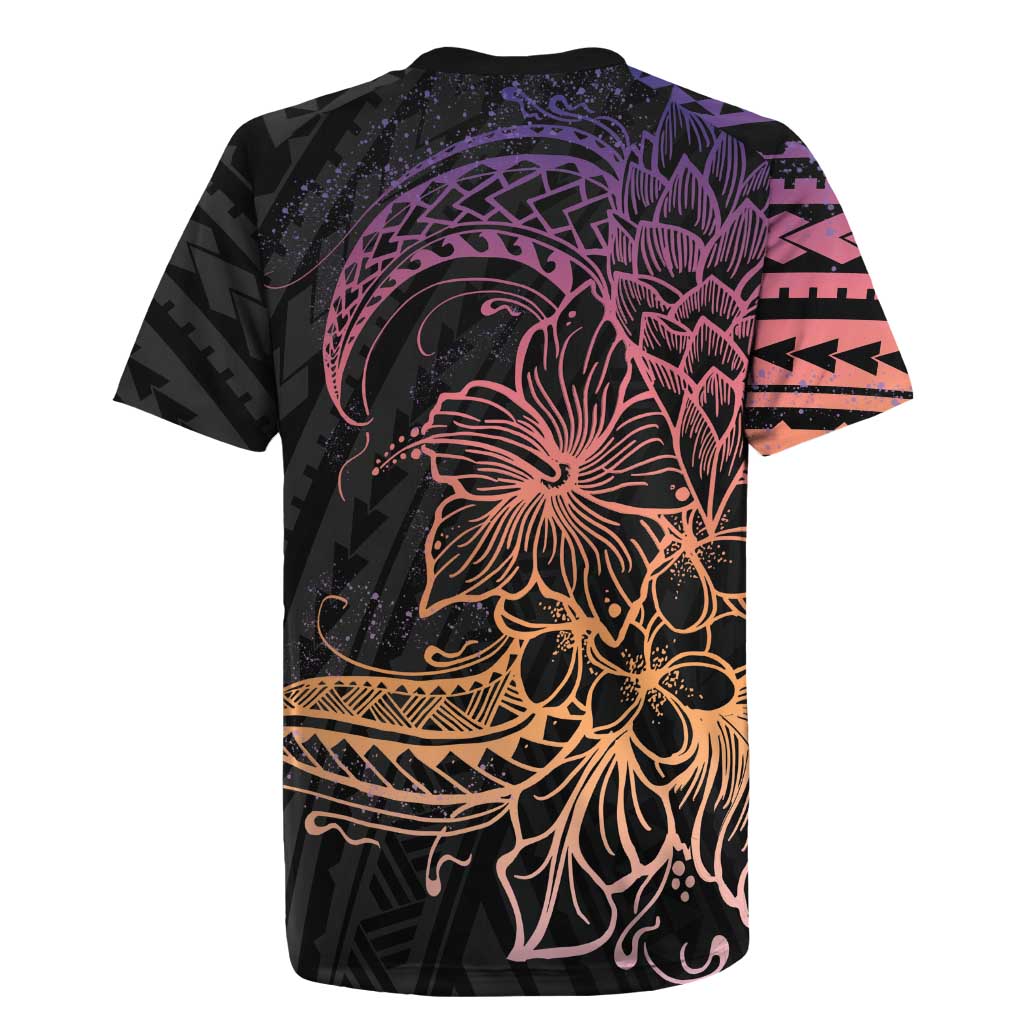 Floral Polynesian Hibiscus Tattoo Rugby Jersey Peach Gradient Style