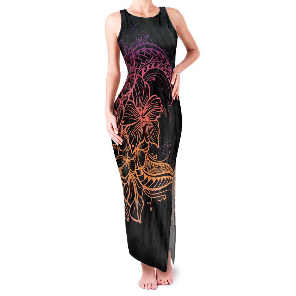 Floral Polynesian Hibiscus Tattoo Tank Maxi Dress Peach Gradient Style