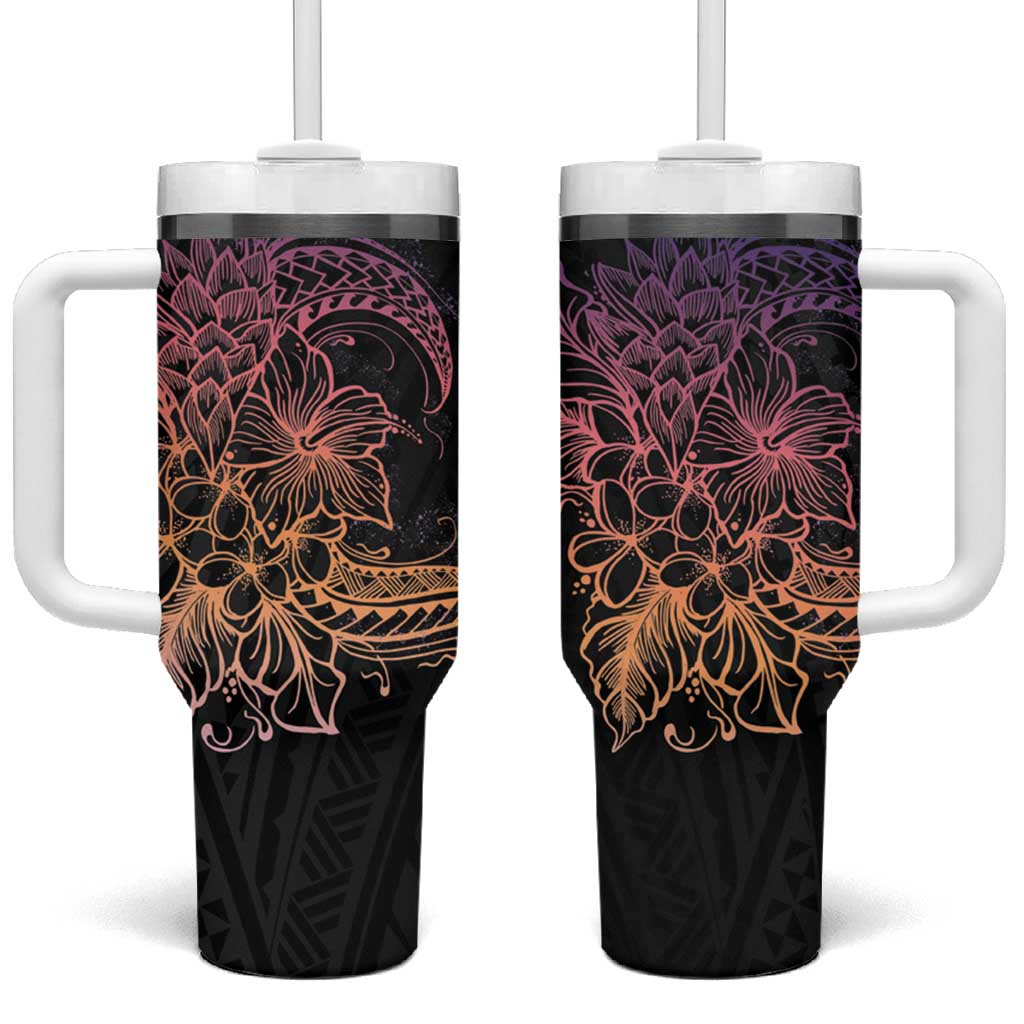 Floral Polynesian Hibiscus Tattoo Tumbler With Handle Peach Gradient Style