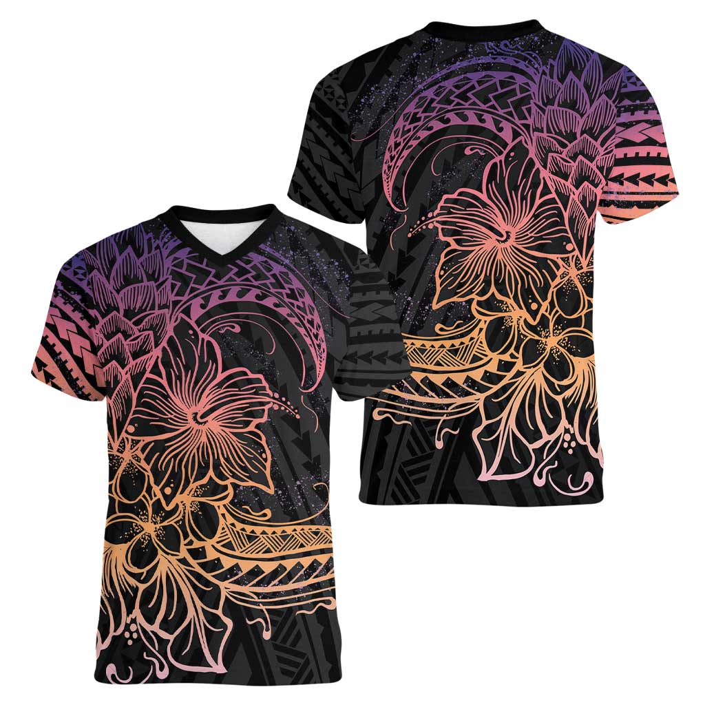 Floral Polynesian Hibiscus Tattoo Women V-Neck T-Shirt Peach Gradient Style
