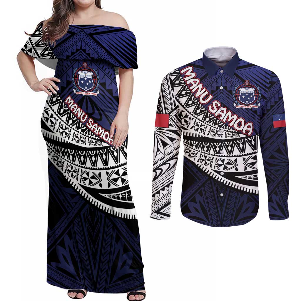 Custom Samoa Rugby Pacific Couples Matching Off Shoulder Maxi Dress and Long Sleeve Button Shirt Samoan Warrior Tribal Pattern