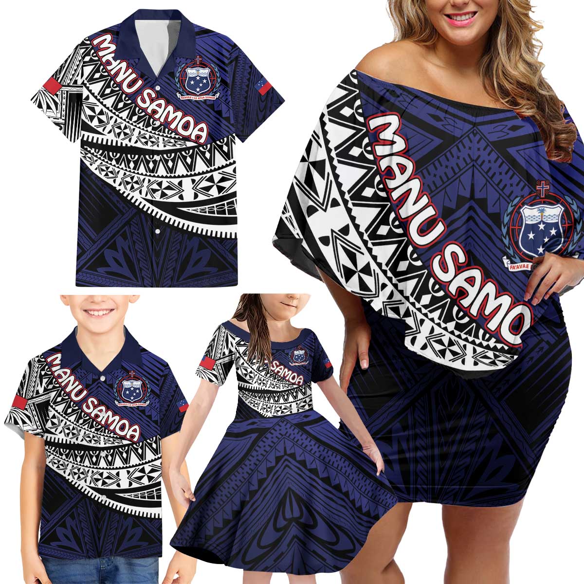 Custom Samoa Rugby Pacific Family Matching Off Shoulder Short Dress and Hawaiian Shirt Samoan Warrior Tribal Pattern