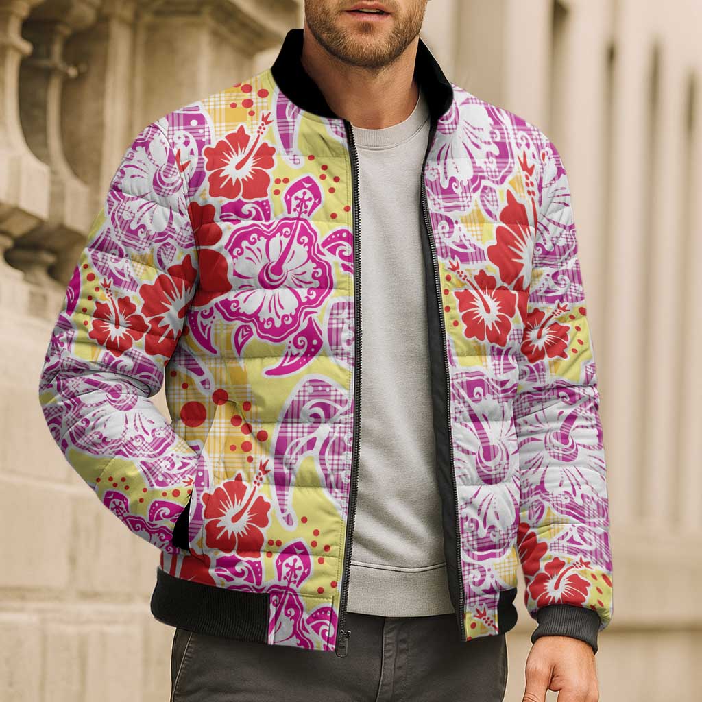 Palaka with Honu and Hibiscus Bomber Puffer Jacket Hawaiian Heritage Spirit - Polynesian Pride