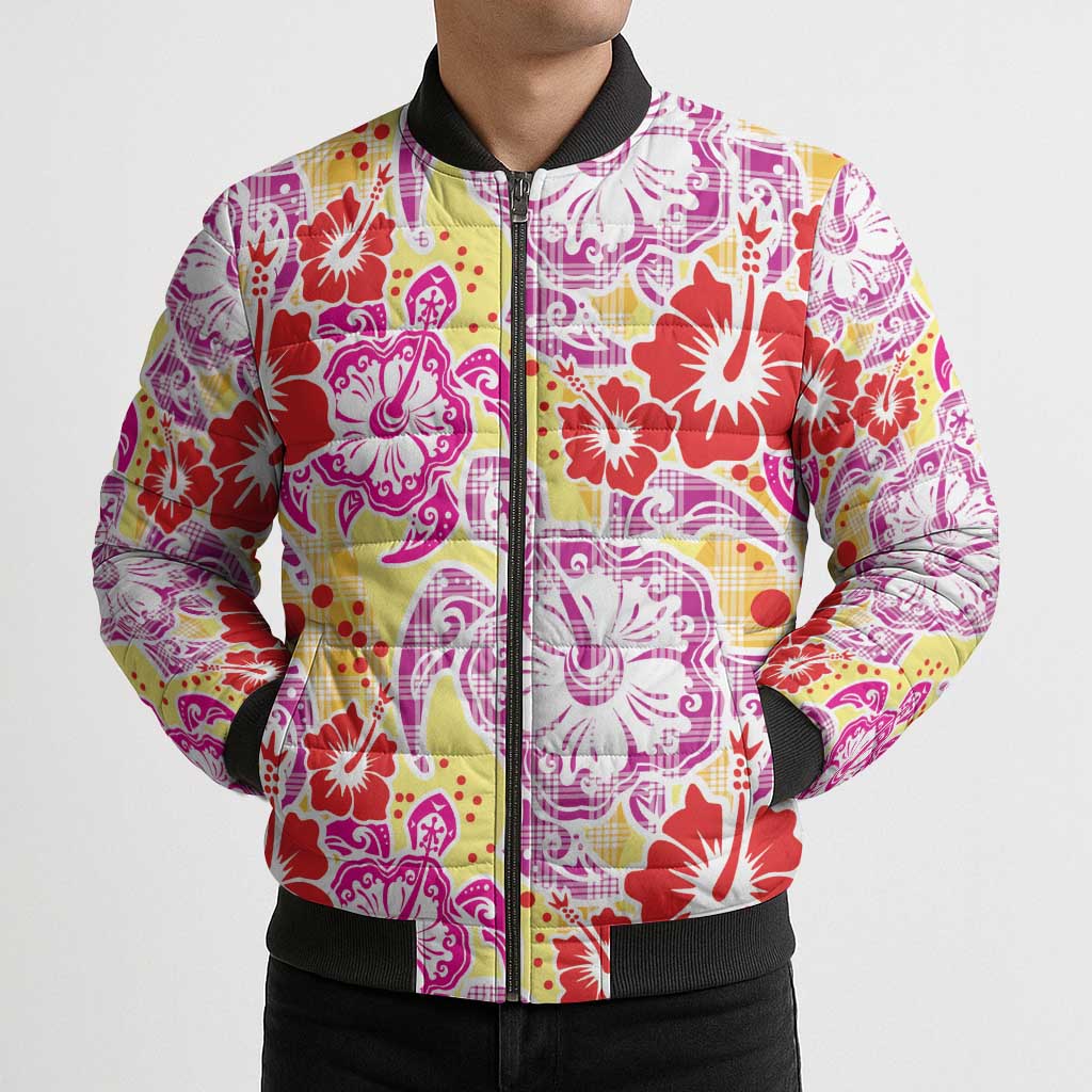 Palaka with Honu and Hibiscus Bomber Puffer Jacket Hawaiian Heritage Spirit - Polynesian Pride