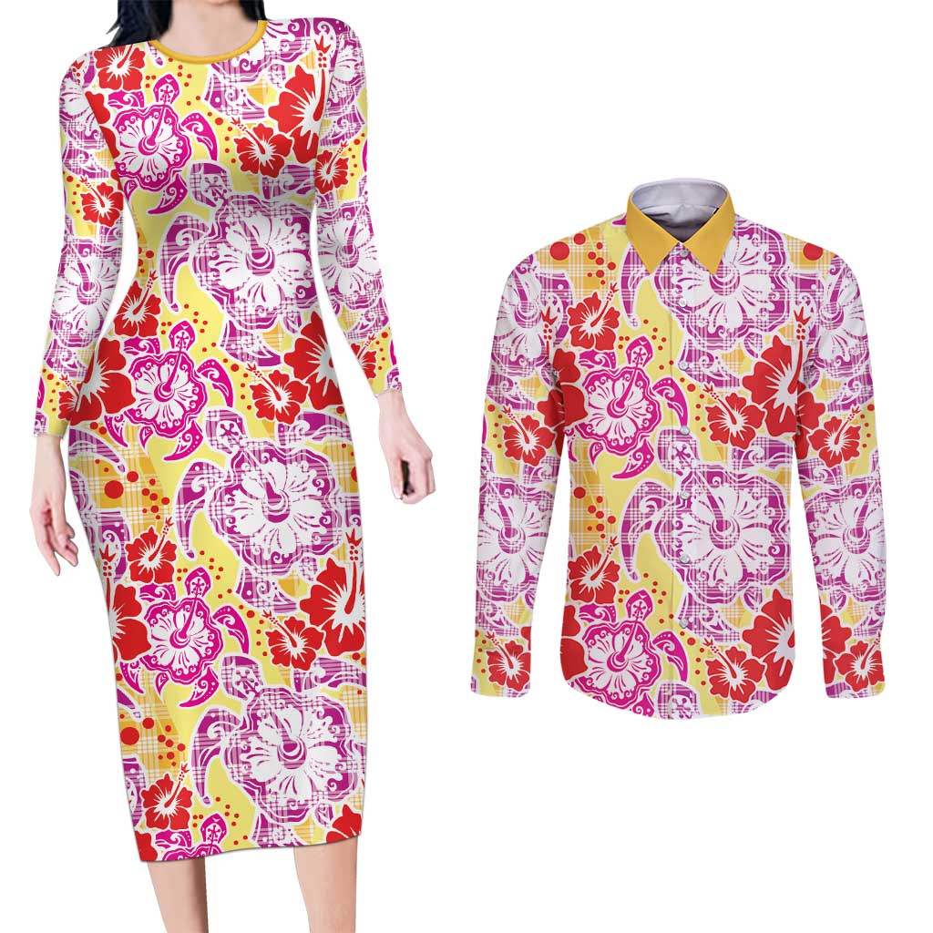 Palaka with Honu and Hibiscus Couples Matching Long Sleeve Bodycon Dress and Long Sleeve Button Shirt Hawaiian Heritage Spirit - Polynesian Pride