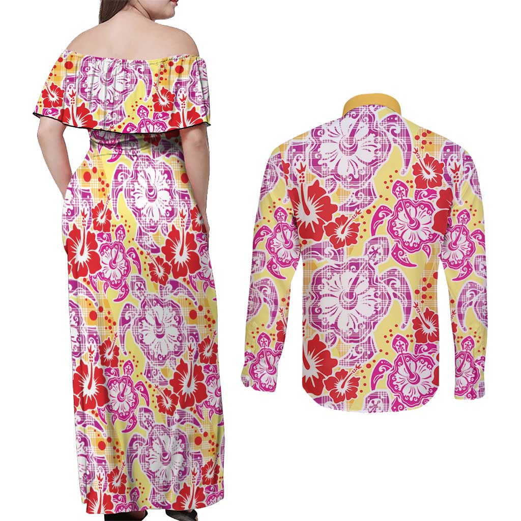 Palaka with Honu and Hibiscus Couples Matching Off Shoulder Maxi Dress and Long Sleeve Button Shirt Hawaiian Heritage Spirit - Polynesian Pride