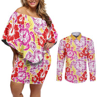 Palaka with Honu and Hibiscus Couples Matching Off Shoulder Short Dress and Long Sleeve Button Shirt Hawaiian Heritage Spirit - Polynesian Pride