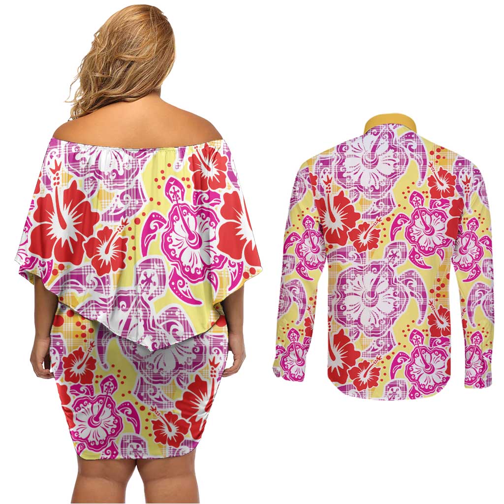 Palaka with Honu and Hibiscus Couples Matching Off Shoulder Short Dress and Long Sleeve Button Shirt Hawaiian Heritage Spirit - Polynesian Pride