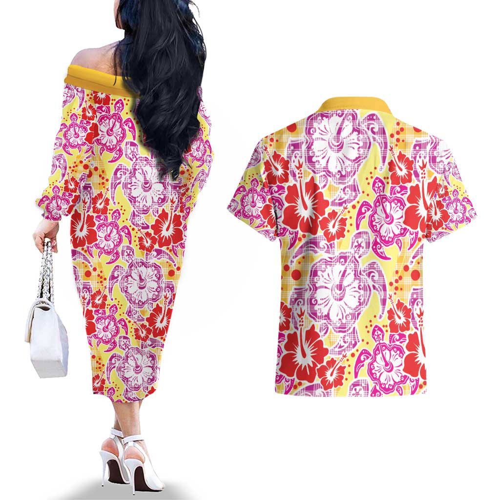 Palaka with Honu and Hibiscus Couples Matching Off The Shoulder Long Sleeve Dress and Hawaiian Shirt Hawaiian Heritage Spirit - Polynesian Pride