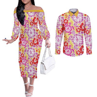 Palaka with Honu and Hibiscus Couples Matching Off The Shoulder Long Sleeve Dress and Long Sleeve Button Shirt Hawaiian Heritage Spirit - Polynesian Pride
