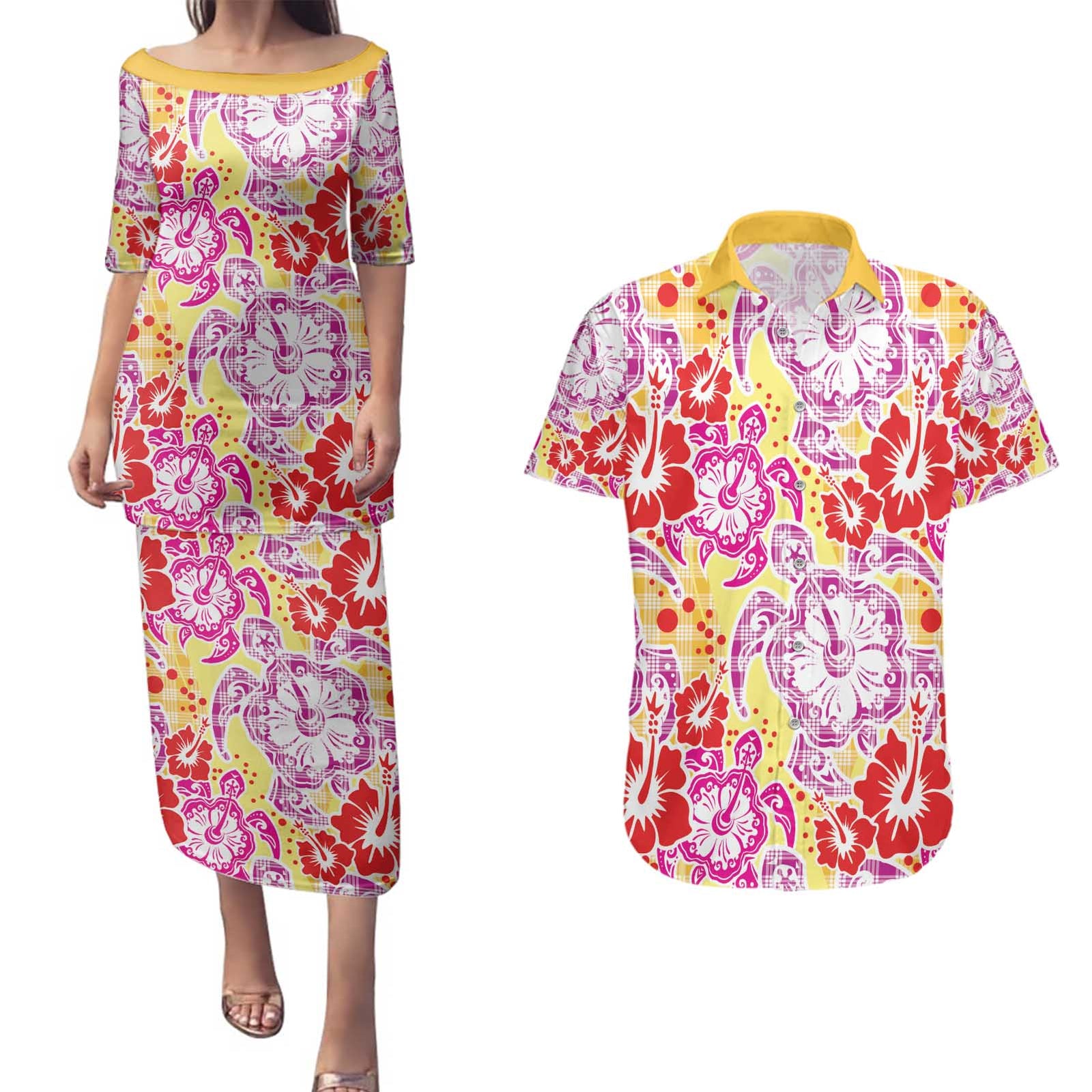 Palaka with Honu and Hibiscus Couples Matching Puletasi and Hawaiian Shirt Hawaiian Heritage Spirit - Polynesian Pride